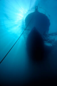 The Monterey Express waits for divers to return while anchored at East Pinnacle. Carmel Bay, California.